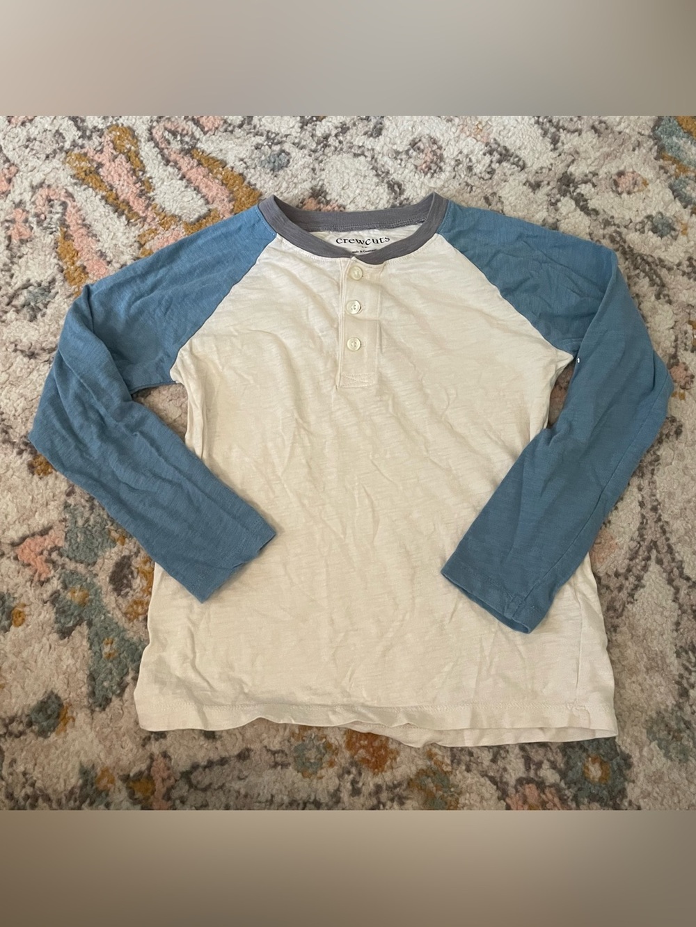 crewcuts Boys Raglan Henley Long Sleeve Shirt - White with Blue Sleeves